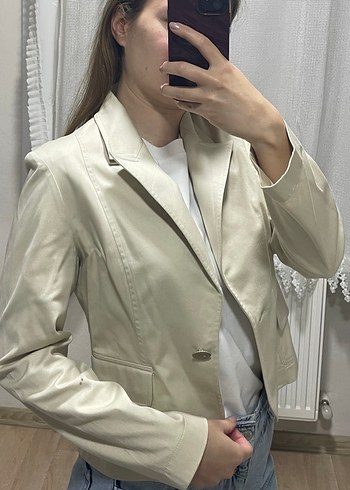 Krem crop blazer ceket - Görsel 3