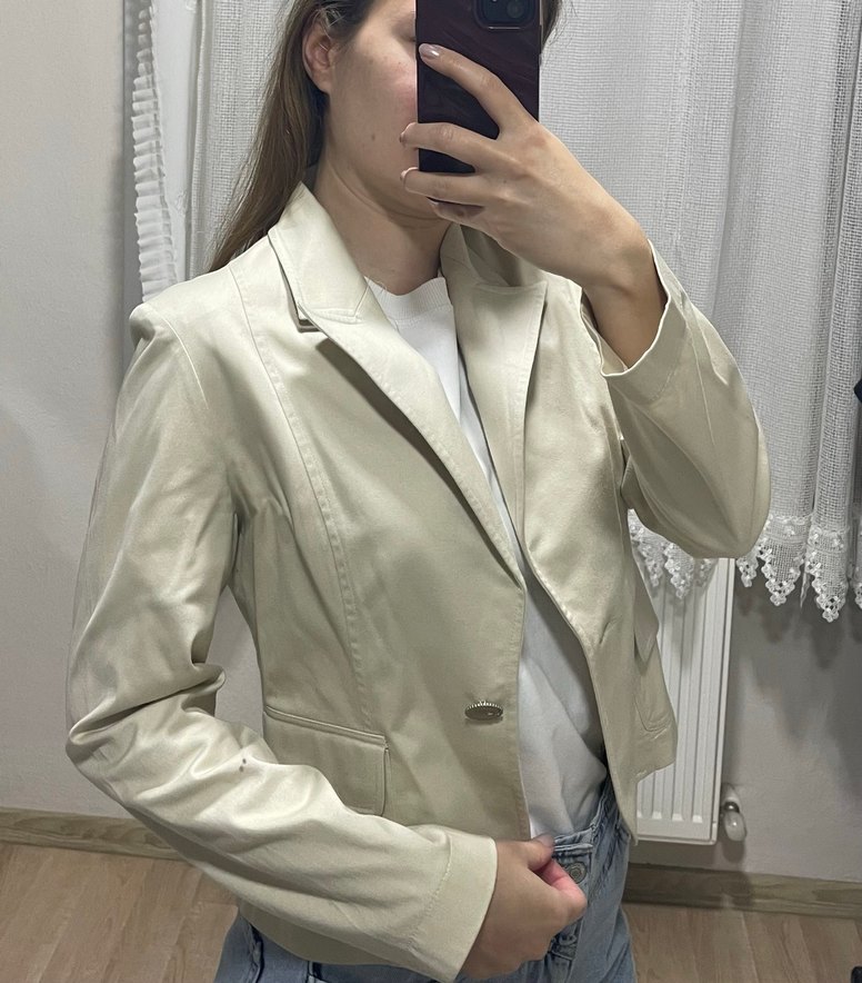 Krem crop blazer ceket - Görsel 3