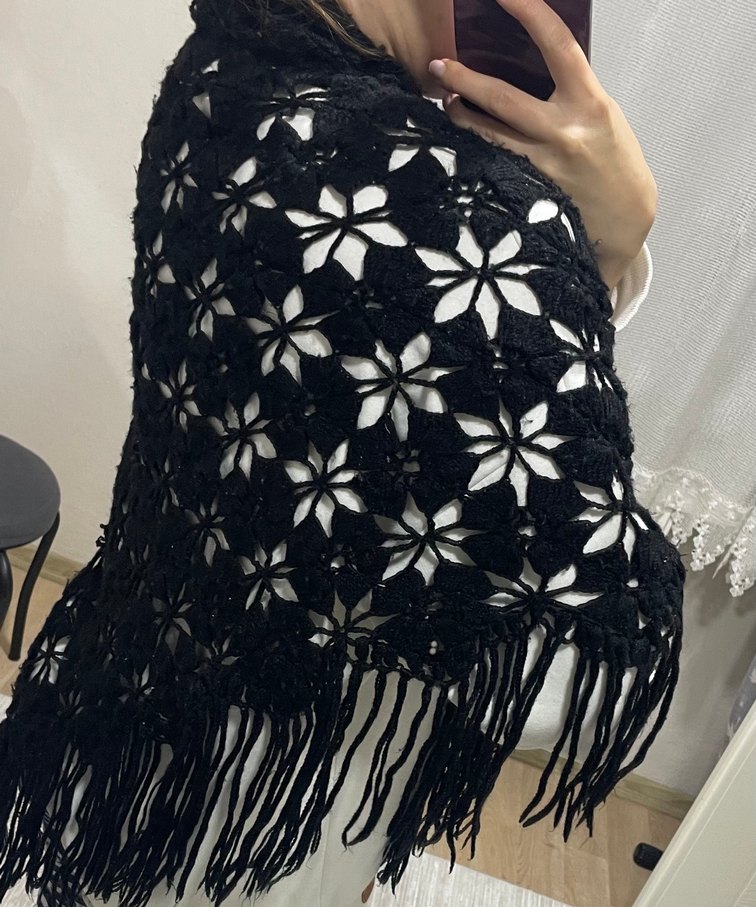 Dantel Detaylı Siyah Bohem Triko Şal - Görsel 2