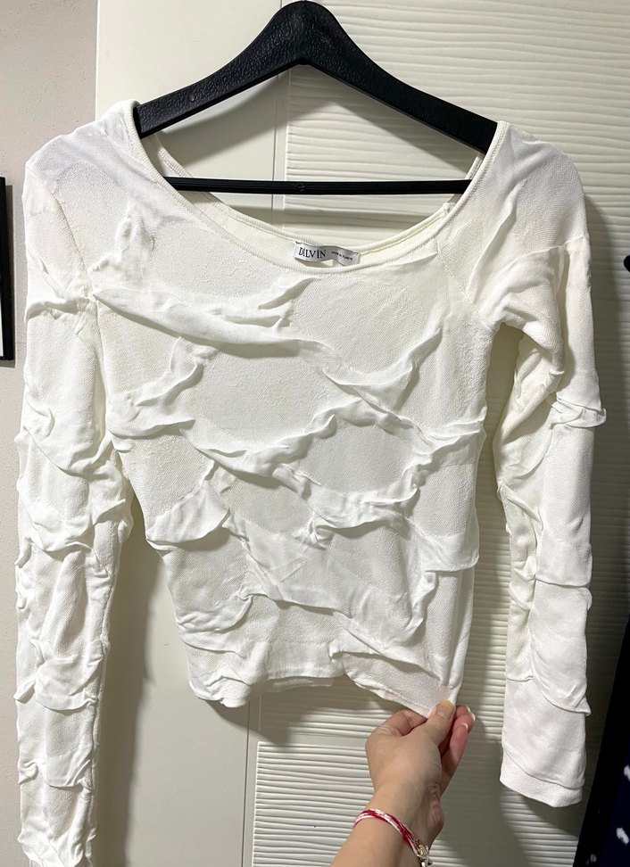 Beyaz Uzun Kollu Asimetrik yaka ince triko  Bluz - Görsel 2