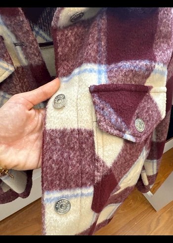 Bordo Gri Kareli Düğmeli Kadın Ceket - Görsel 3