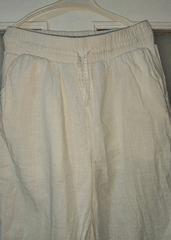 Beyaz Keten Salaş Midi Kadın Pantolon - Görsel 4