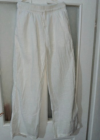 Beyaz Keten Salaş Midi Kadın Pantolon - Görsel 3