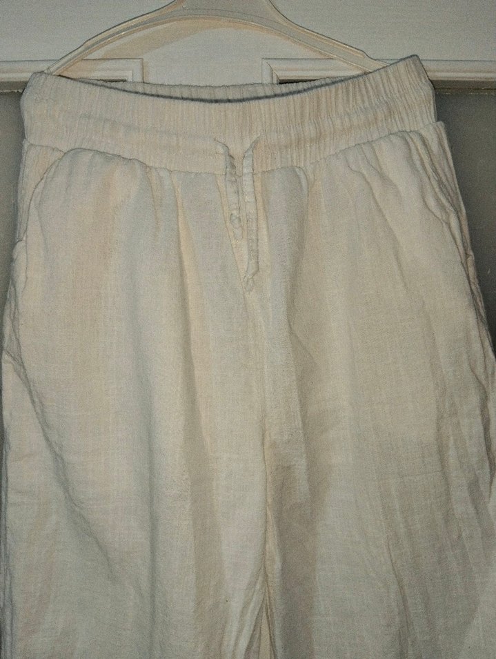 Beyaz Keten Salaş Midi Kadın Pantolon - Görsel 4