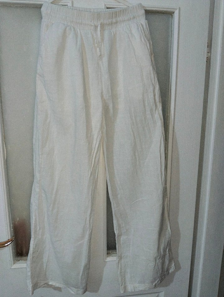Beyaz Keten Salaş Midi Kadın Pantolon - Görsel 3