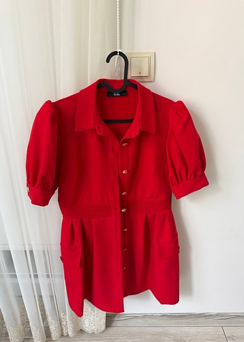 Kırmızı Düğmeli Midi Deri Elbise - Görsel 2