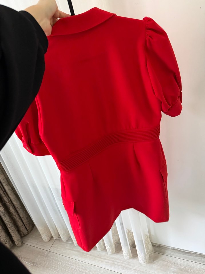 Kırmızı Düğmeli Midi Deri Elbise - Görsel 4