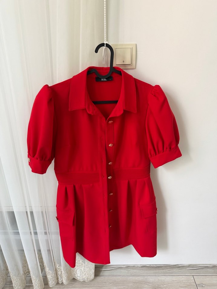 Kırmızı Düğmeli Midi Deri Elbise - Görsel 2