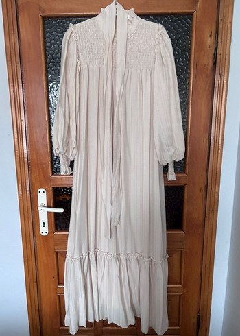 Bej Uzun Bohem Elbise Pilili - Görsel 2