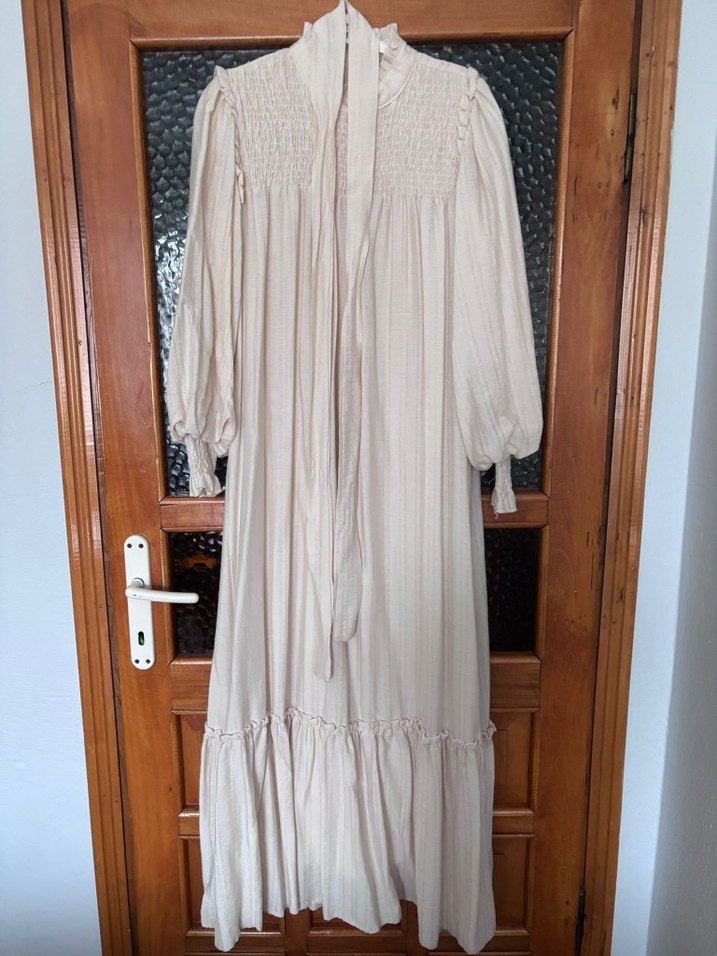 Bej Uzun Bohem Elbise Pilili - Görsel 2