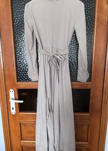 Bej Uzun Keten Elbise, Yüksek Yakalı, Drapeli - Görsel 4