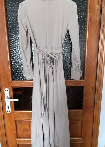 Bej Uzun Keten Elbise, Yüksek Yakalı, Drapeli - Görsel 3