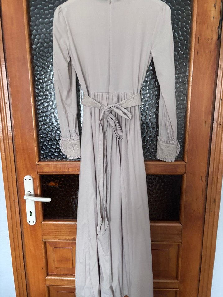 Bej Uzun Keten Elbise, Yüksek Yakalı, Drapeli - Görsel 4