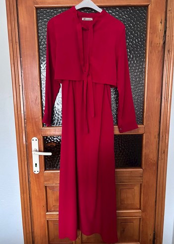 Kırmızı Uzun Kollu Drapeli Uzun Elbise - Görsel 2