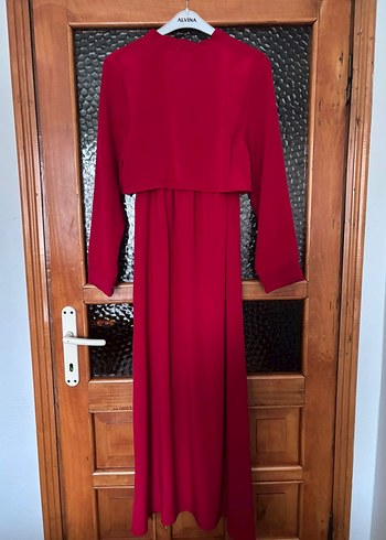 Kırmızı Uzun Kollu Drapeli Uzun Elbise - Görsel 4