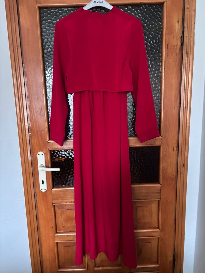 Kırmızı Uzun Kollu Drapeli Uzun Elbise - Görsel 3