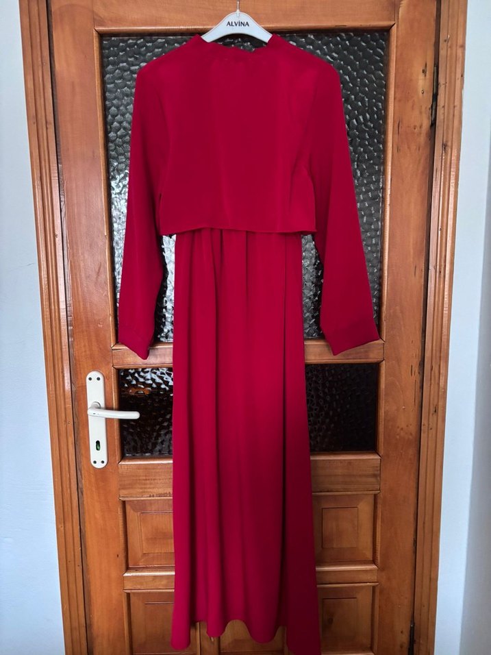 Kırmızı Uzun Kollu Drapeli Uzun Elbise - Görsel 4