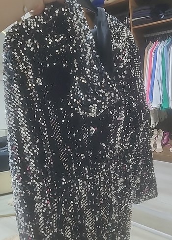 Parlak Pullu Uzun Kadın Ceket - Görsel 5