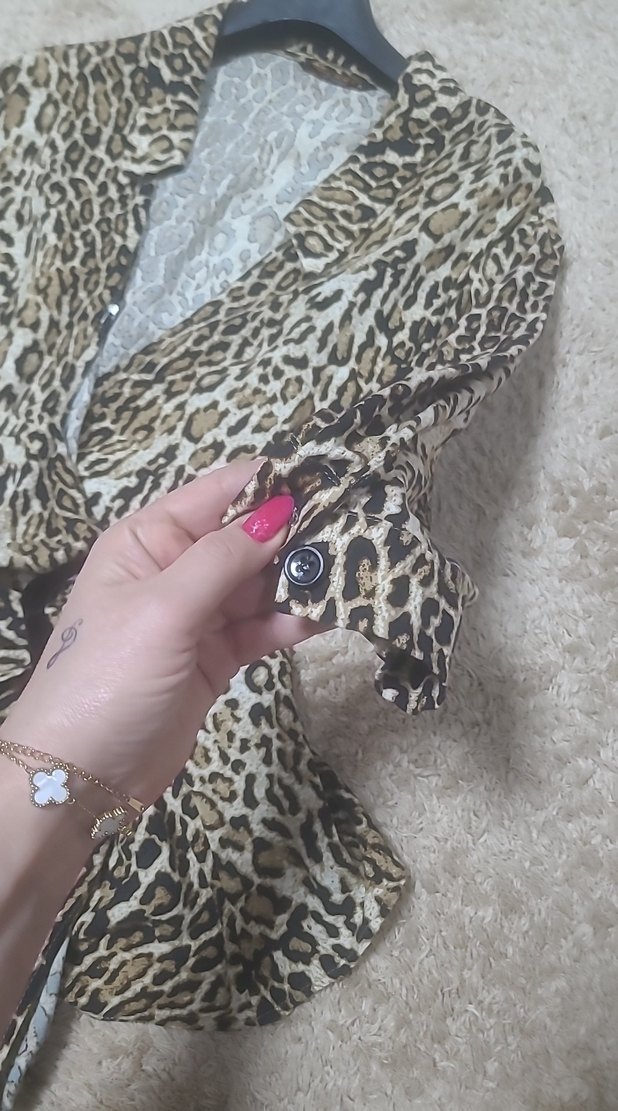 Kahverengi Mini Yılan Desenli Kemerli gömlek - Görsel 5