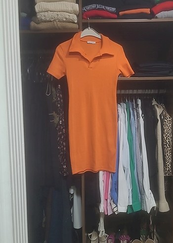 Turuncu Polo Yaka Midi Elbise - Görsel 2