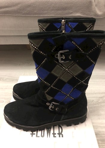 Kadın Mavi Süet Gotik Platform Tokalı Botlar - Görsel 2