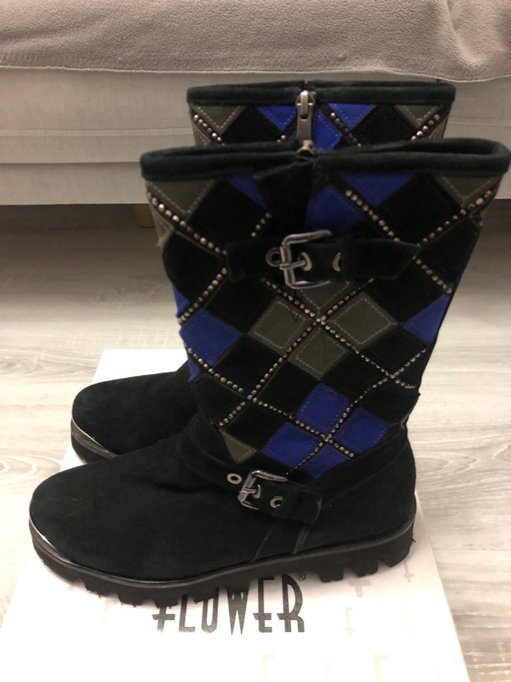 Kadın Mavi Süet Gotik Platform Tokalı Botlar - Görsel 2