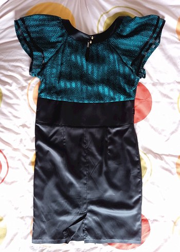 Turkuaz Yılan Desenli Kemerli Saten Elbise - Görsel 2