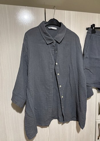 Gri Erkek Mini Pijama Takımı, Düğmeli, Kısa Kollu - Görsel 2