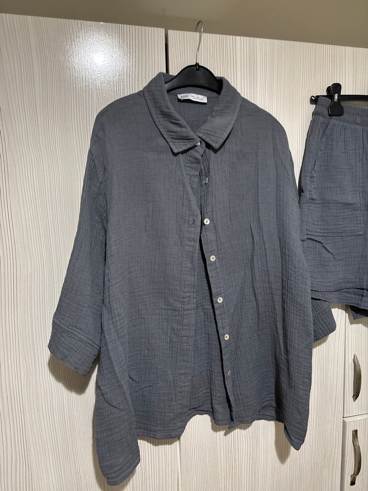 Gri Erkek Mini Pijama Takımı, Düğmeli, Kısa Kollu - Görsel 2