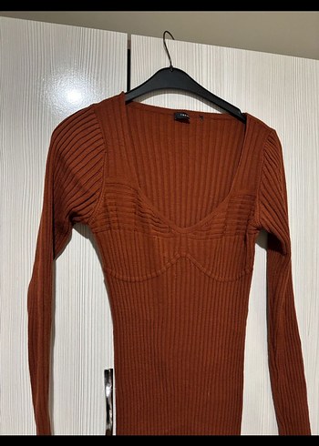 Kahverengi V Yaka Uzun Kollu Triko Elbise - Görsel 2