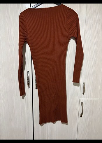 Kahverengi V Yaka Uzun Kollu Triko Elbise - Görsel 3