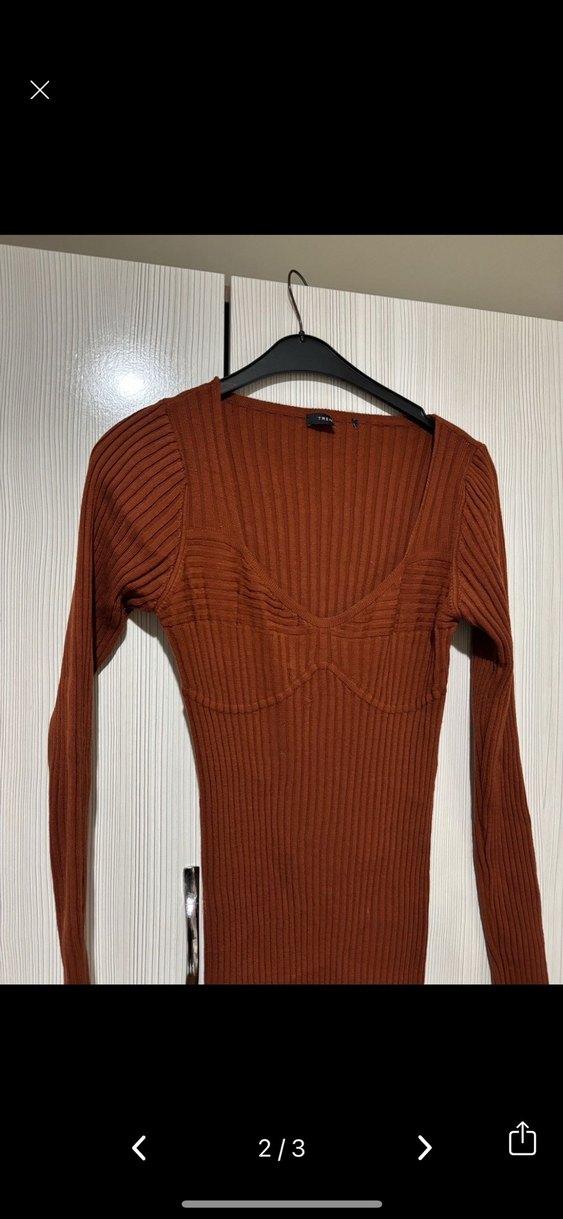 Kahverengi V Yaka Uzun Kollu Triko Elbise - Görsel 2