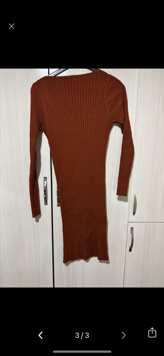 Kahverengi V Yaka Uzun Kollu Triko Elbise - Görsel 3