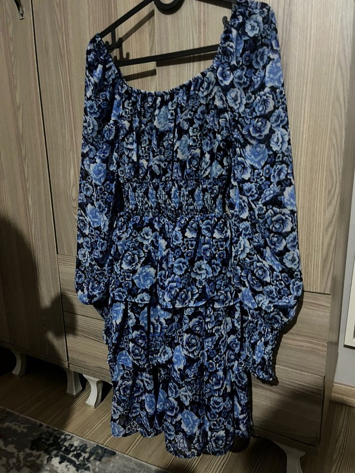 Kadın Mavi Desenli Uzun Elbise - Görsel 4