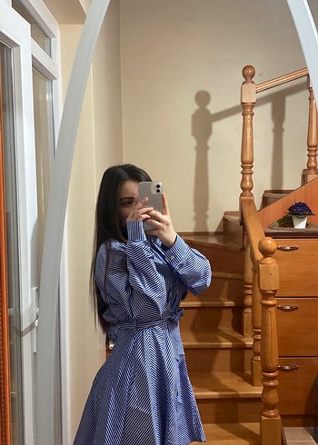 Mavi Çizgili Midi Kadın Elbise - Görsel 2