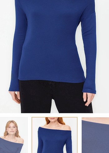 Düz Lacivert Kayık Yaka Uzun Kollu Bluz - Görsel 2