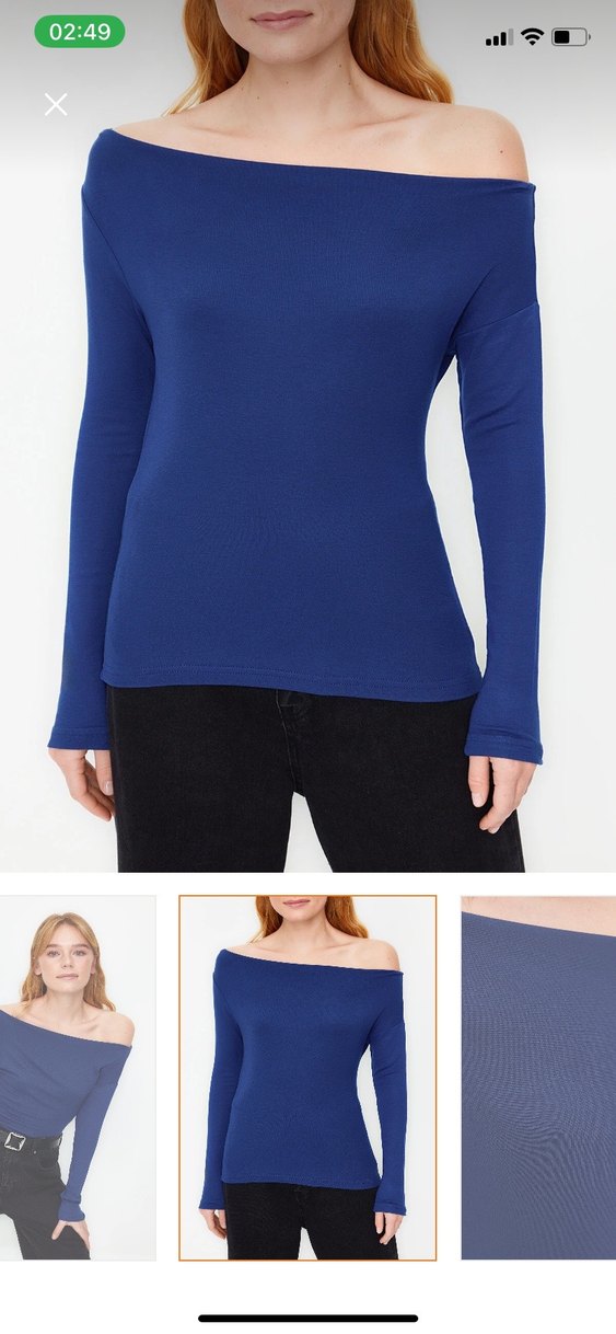 Düz Lacivert Kayık Yaka Uzun Kollu Bluz - Görsel 2