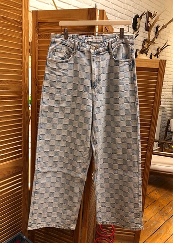 Bershka Ekose Desenli Bol Kesim Unisex Baggy Jean - Görsel 8