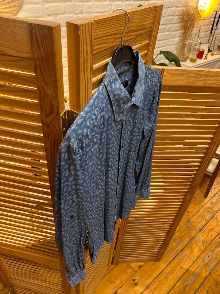 KİĞILI Uzun Kollu Mavi Desenli Denim Erkek Gömlek - Görsel 3