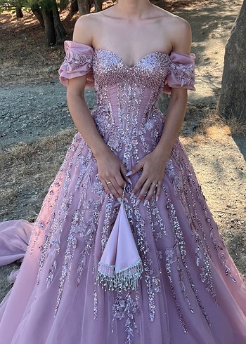 Dantel İşlemeli Pudra Pembe Straplez Uzun Abiye - Görsel 2