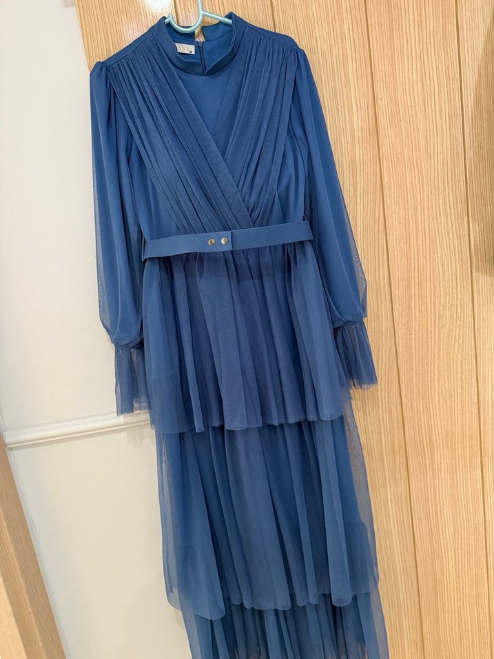 Mavi Pilili Uzun Abiye Elbise - Görsel 2