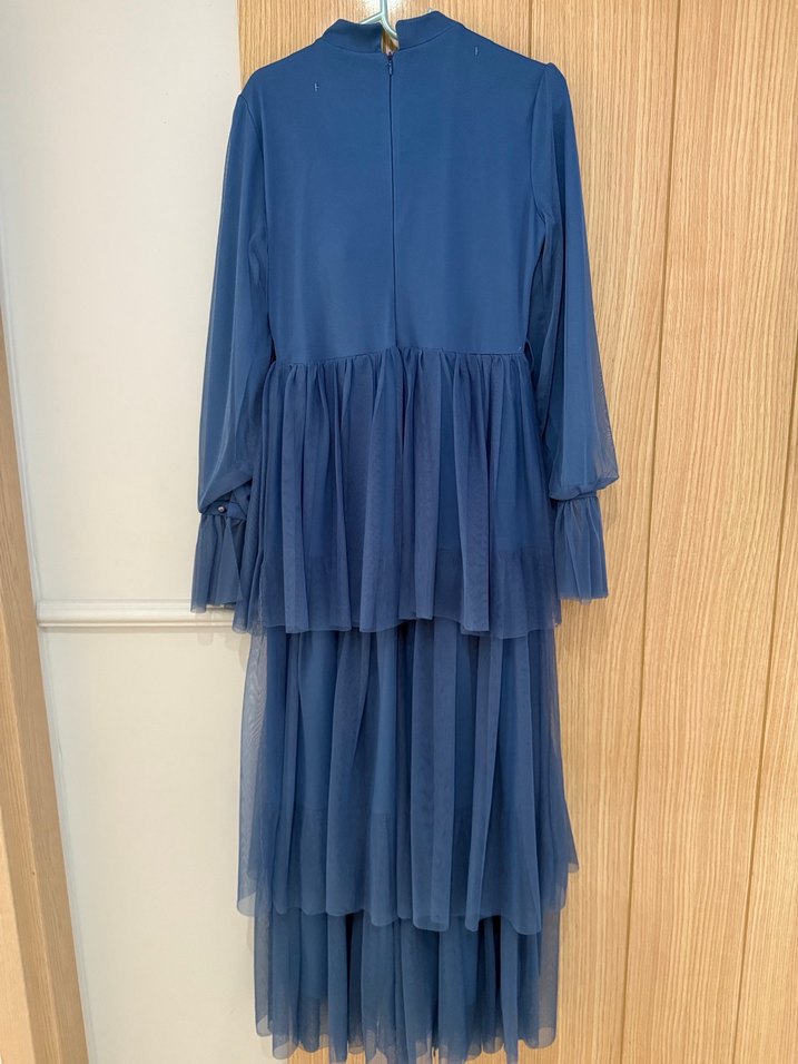 Mavi Pilili Uzun Abiye Elbise - Görsel 5