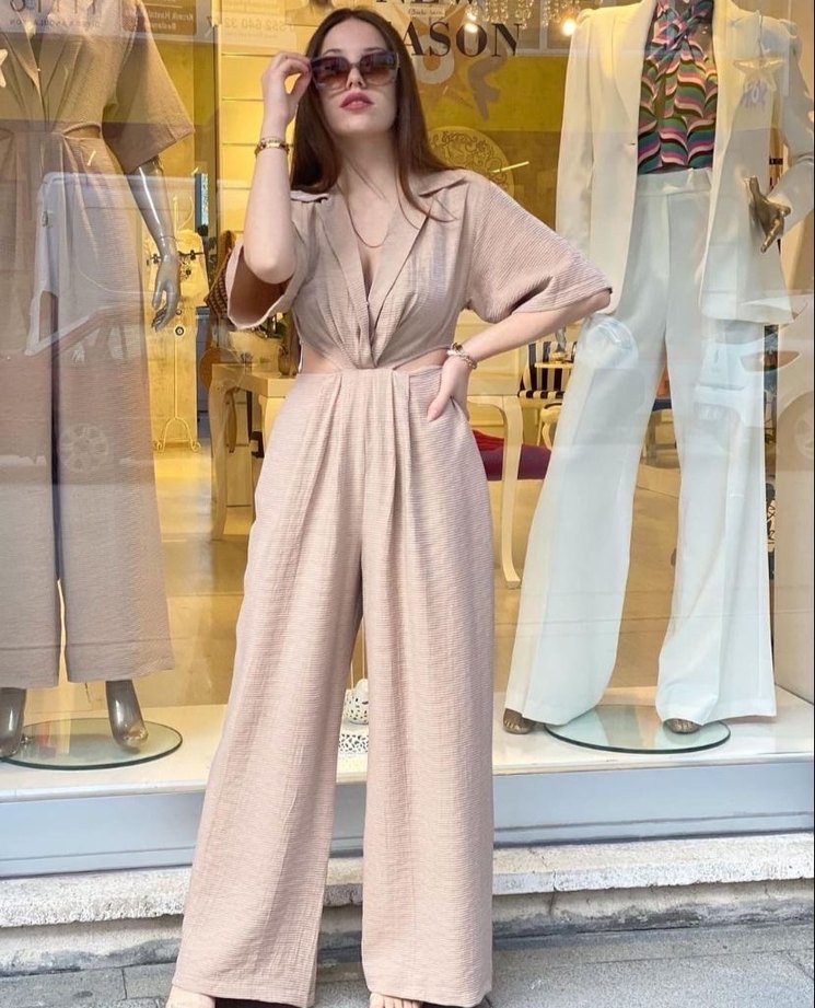 Bej V Yaka Keten Kadın Uzun Tulum - Görsel 3