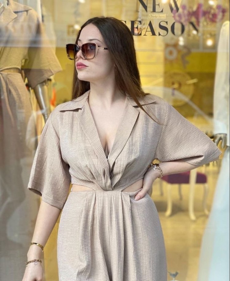 Bej V Yaka Keten Kadın Uzun Tulum - Görsel 2