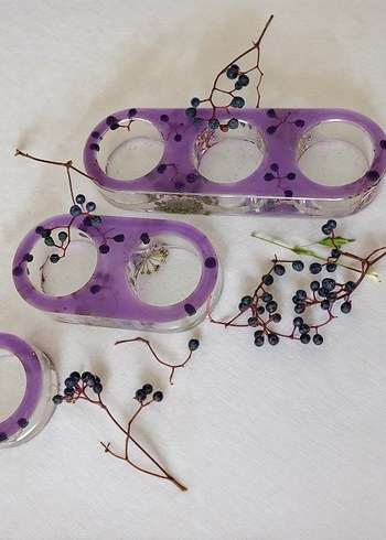 Mor Doğal Çiçekli 3'lü Mumluk Seti - Görsel 3