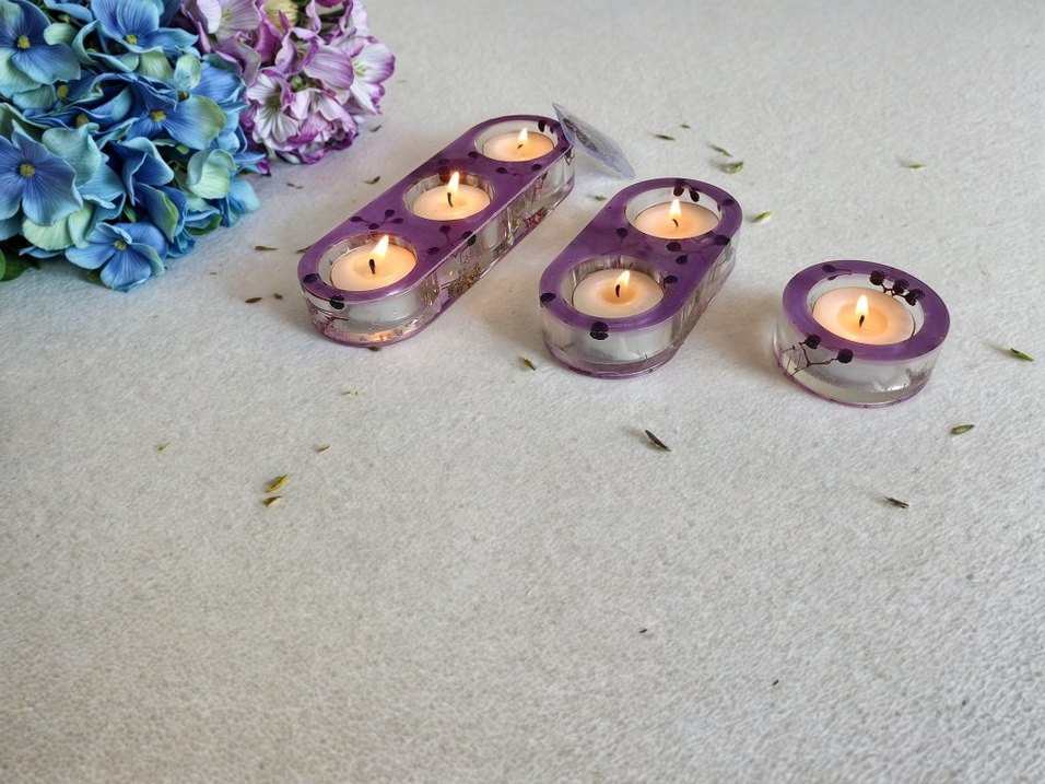 Mor Doğal Çiçekli 3'lü Mumluk Seti - Görsel 4