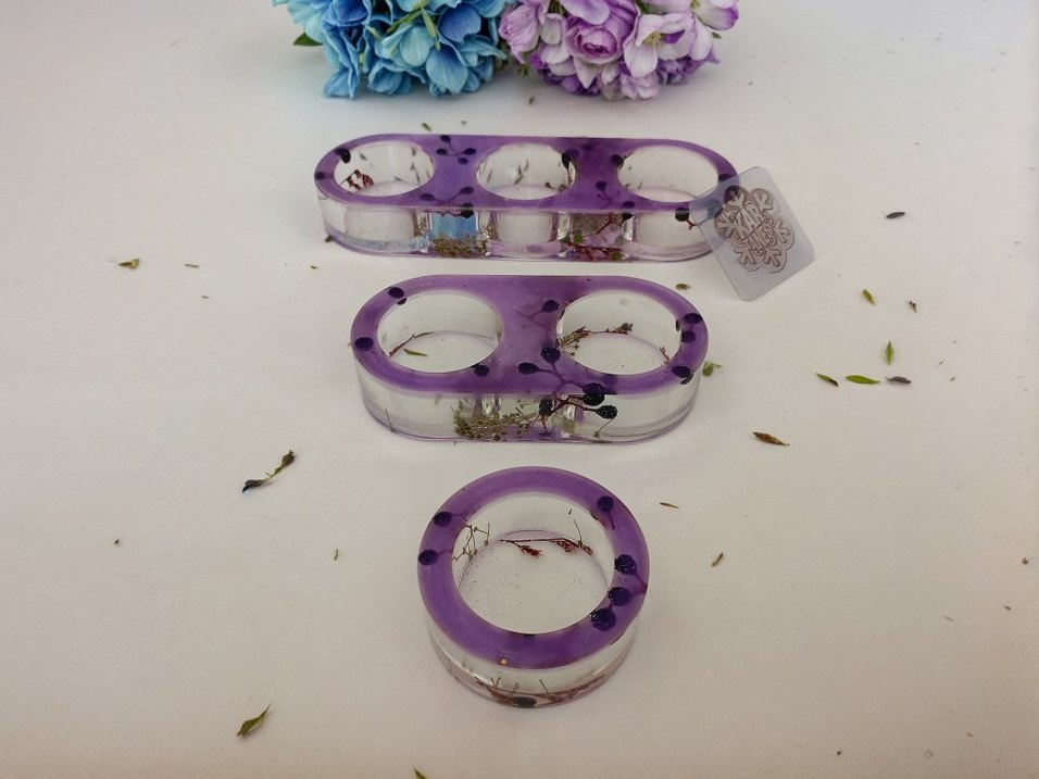 Mor Doğal Çiçekli 3'lü Mumluk Seti - Görsel 2