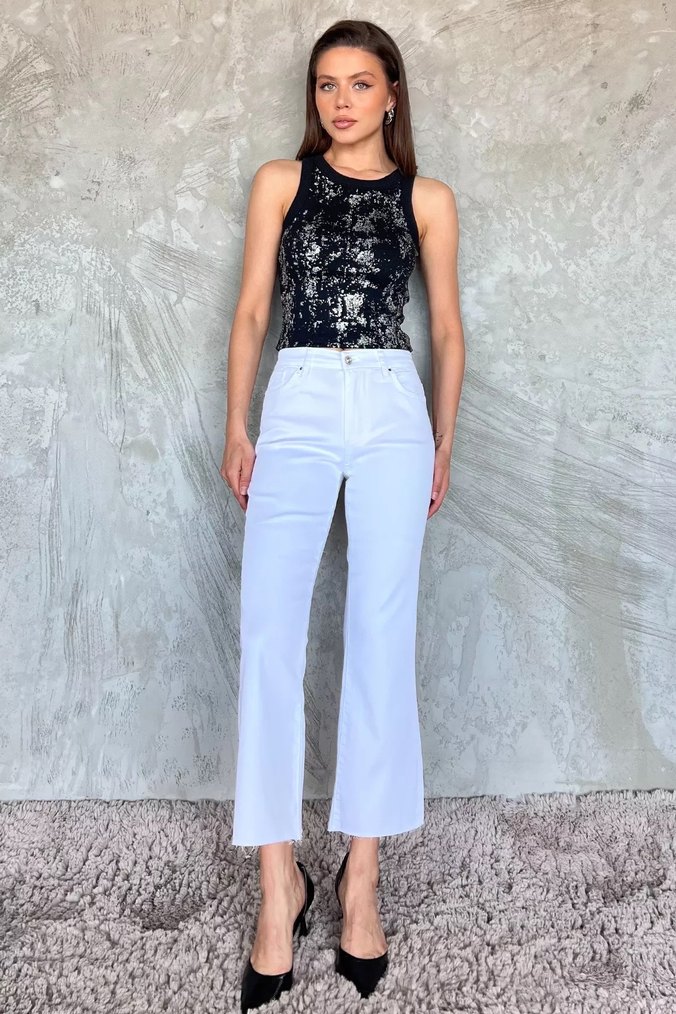 Beyaz Normal Kesim Midi Denim Pantolon - Görsel 2