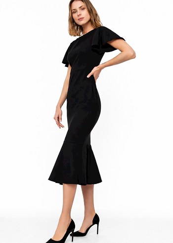 Siyah V Yaka Fırfırlı Uzun Kalem Elbise - Görsel 2