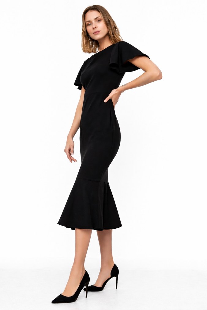 Siyah V Yaka Fırfırlı Uzun Kalem Elbise - Görsel 2